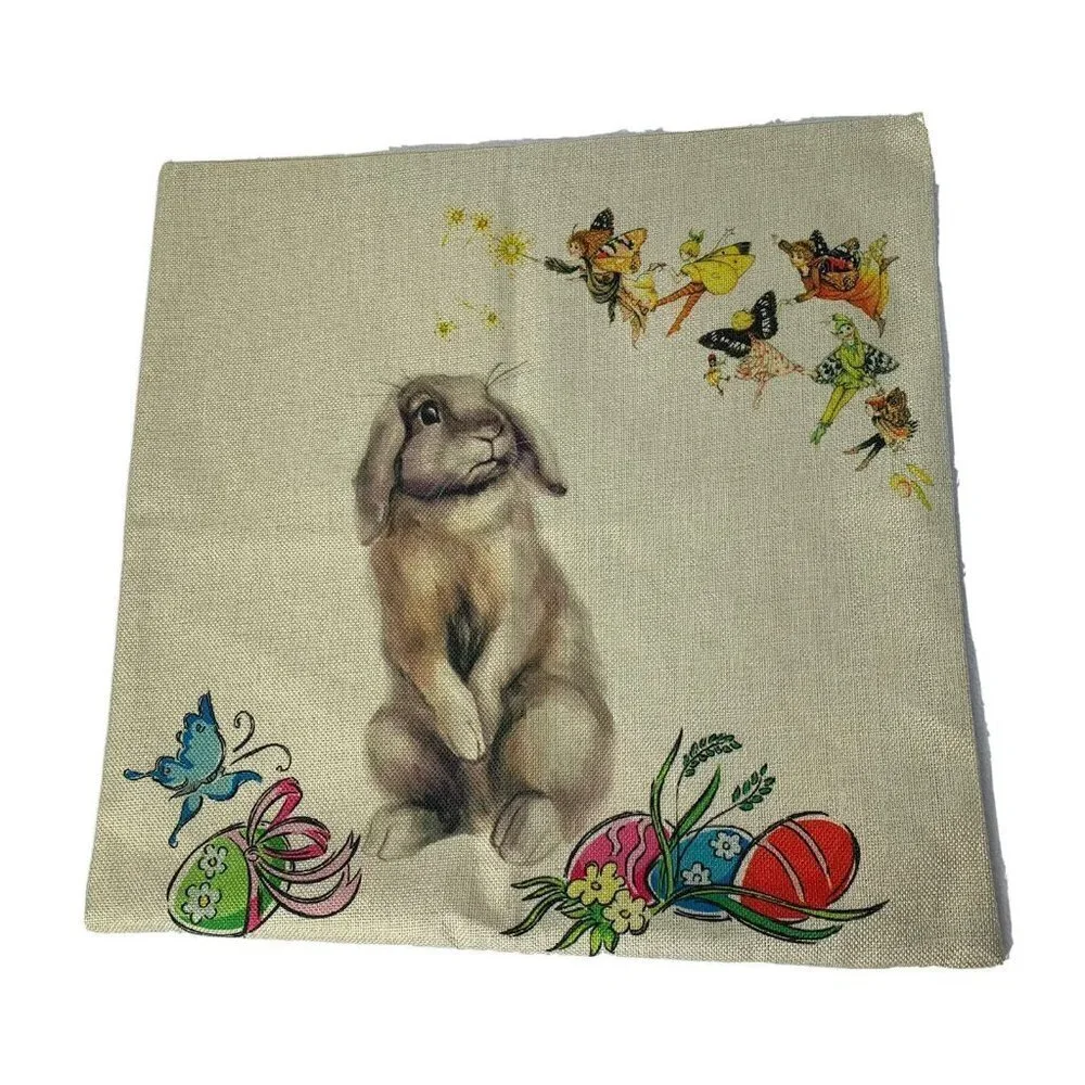 Easter Bunny Eggs Fairies Woven Pillow Cover Square Butterfly 17.5” x 18”